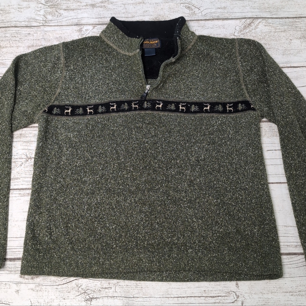 Vintage Woolrich Green Reindeer Quarter Zipper Sweater